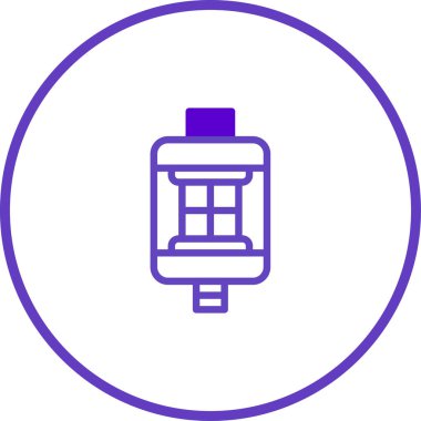 Temiz ve minimalist bir vektör illüstrasyonu, beyaz arka planda izole edilmiş mor dairesel bir çerçeveye yerleştirilmiş bir buhar cihazı gösteriyor..