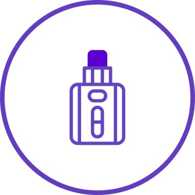 Elektronik bir sigara aygıtı tasvir eden minimum vektör çizimi. Tasarım, modern buhar teknolojisini sembolize eden temiz çizgiler ve basit bir şekil içeriyor..