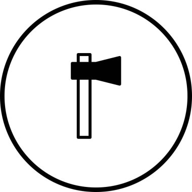 Beyaz arkaplanda izole edilmiş balta simgesi çizimi. Siyah bir dairenin içindeki keskin bir baltanın basit vektör grafiği. Minimalist ve sembolik tasarım.