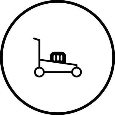 Basit siyah-beyaz bir çim biçme makinesinin yer aldığı simge illüstrasyonu, çim biçme hizmetlerini temsil etmek için ideal.