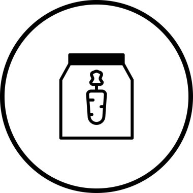 Evcil hayvanlar için sağlıklı besinleri sembolize eden havuçla süslenmiş bir çanta dolusu evcil hayvan besininin yer aldığı minimalist siyah beyaz bir illüstrasyon..