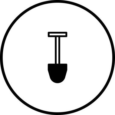 Bir kürek minimalist siyah-beyaz vektör ikonu, daire şeklinde çevrili. Basit ve temiz bir tasarım ile bahçe, tarım ve inşaat araçlarını temsil eder..