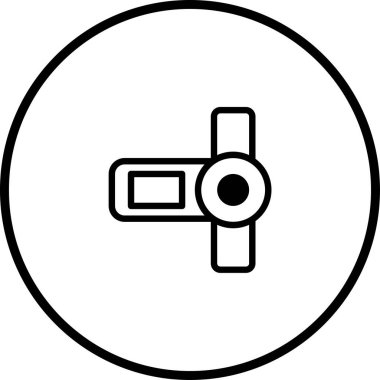 Dairesel çerçevenin içindeki bir kameranın minimalist siyah beyaz simgesi. Video kaydı, film ve dijital medya oluşumunu temsil eder..