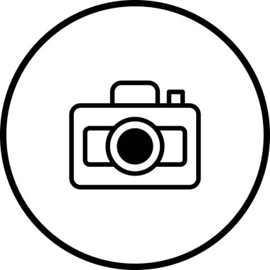 Dairesel çerçeve içinde siyah bir ana hatlı, fotoğraf, tasarım veya teknoloji teması için mükemmel bir minimalist kamera simgesi.