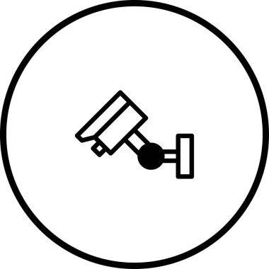 Çember içinde güvenlik, koruma ve izlemeyi temsil eden bir güvenlik kamerası içeren minimalist bir simge.