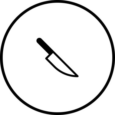 Bir minimalist vektör illüstrasyonu, bir dairenin içinde bir bıçak tasvir eder, temiz siyah ve beyaz bir tarzda yapılır. Bu basit ama etkili simge kesme, pişirme veya tehlikeyi temsil edebilir.