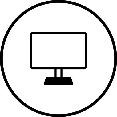 Masaüstü bilgisayarının minimalist siyah beyaz simgesi, daire şeklinde kaplanmış, modern teknoloji ve dijital tasarımı temsil ediyor..