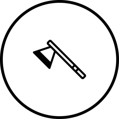 Çember içindeki bir baltanın basit bir siyah-beyaz çizimi, araçları sembolize eder, ahşap işçiliği ve keresteciliği..