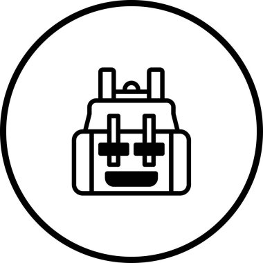 Bir dairenin içindeki sırt çantasının minimalist siyah beyaz simgesi, seyahat ve açık hava macera temaları için mükemmel. Bu basit tasarım, doğa yürüyüşü ve keşifleri içeriyor..