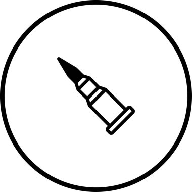 Dairesel bir sınır içinde kapsüllenmiş minimalist bir kurşun ikonu cephane, silah ve potansiyel tehlike hissini resmediyor..