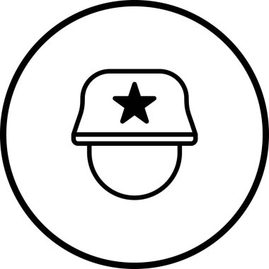 Yıldız amblemi olan bir askeri miğferin minimalist vektör simgesi, beyaz bir arka plan üzerine kurulmuş ve çeşitli tasarım projeleri için uygun siyah bir daire şeklinde çevrelenmiş.