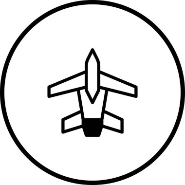 Havacılıkla ilgili tasarımlar ve seyahat temaları için uygun dairesel çerçeveye yerleştirilmiş bir jet uçağı silueti içeren minimalist bir vektör simgesi.