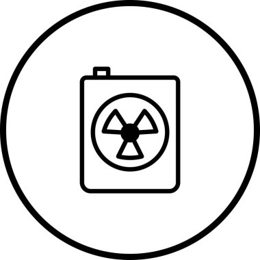 Bir kare konteynırda radyoaktif materyal sembolü gösteren minimalist bir vektör resmi, daire şeklinde çevrili, potansiyel tehlike ve tehlike sinyalleri veriyor..