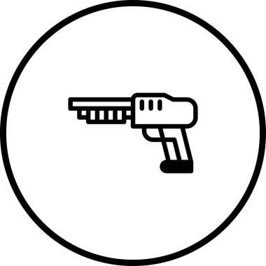 Siyah-beyaz minimalist bir resimde daire içinde fütürist bir silah sergileniyor. Tasarım, bilim kurgu ve teknoloji temalarını çağrıştırıyor..