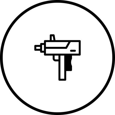 Basit ve minimalist bir vektör grafiği, siyah dairesel bir sınıra sarılı bir makineli tüfek tasvir ediyor. İllüstrasyon, temiz çizgiler ve monokromatik bir palete odaklanır.
