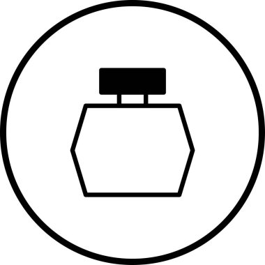 Çember içindeki bir parfüm şişesinin minimalist siyah beyaz çizimi, güzellik, kozmetik veya parfümle ilgili projeler için idealdir, zarafet ve stil taşır..