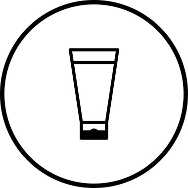 Cilt bakım ürünleri ve güzellik temalı tasarımlar için ideal bir kozmetik ürün tüpünün minimalist siyah çizimi, siyah bir çemberin içinde beyaz bir arkaplan üzerine kuruludur..