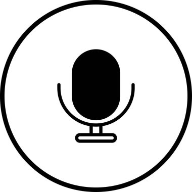 Siyah ve beyaz mikrofon ikonu, kayıt, podcast ve ses iletişimini sembolize ediyor. Dijital arayüzlerde ve ortamlarda kullanmak için minimalist tasarım.