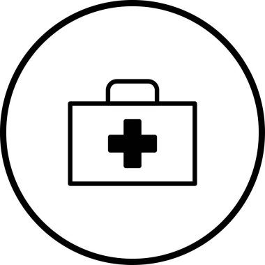 Bu resim, dairesel bir çerçevede basit bir tıbbi malzeme ikonunu gösteriyor. Sağlık, acil servis ve ilk yardım ekipmanlarını temsil eder..
