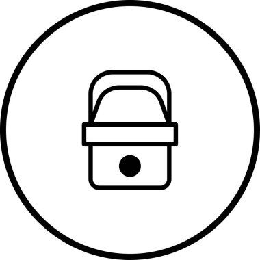 Dairesel çerçevede merkezli kare bir sepetin basit siyah beyaz çizimi. Minimalist tasarım projeleri için ideal.