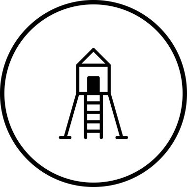 Minimalist bir vektör tasarımı, beyaz arka plana karşı basit siyah çizgiler kullanarak bir çember içinde bir ağaç evi tasvir eder. Tasarım eğlenceli, mimari bir tasarım sunar..