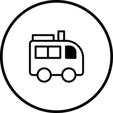 Bir dairenin içindeki otobüsün minimalist siyah beyaz simgesi. Ulaşım ve seyahat teması için ideal. Basit taslak web sitesi ve uygulama tasarımı için mükemmeldir.