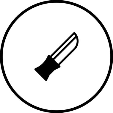 Siyah kılıflı minimalist bir siyah bıçak ikonu, beyaz bir arkaplana karşı siyah bir daire şeklinde kapsüllenmiş. Hassasiyet ve fayda sağlar.