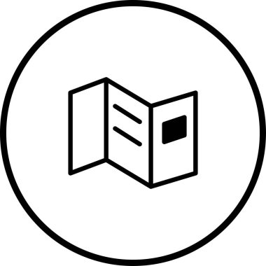 Katlanmış bir broşürü temsil eden basit, temiz bir ikon. Çeşitli tasarım bağlamlarında basılı pazarlama materyallerini veya tanıtım belgelerini temsil etmek için yararlıdır..