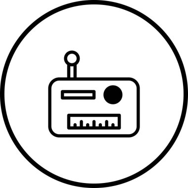 Çember içinde teknoloji ve iletişim temaları için ideal klasik bir radyo alıcısına sahip minimalist bir siyah-beyaz vektör çizimi.