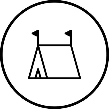 Bayraklı bir kamp çadırının minimalist taslak simgesi. Açık hava, seyahat ya da tatil temaları için ideal. Macera ve seyahati göstermek için vektör grafik ögesi olarak kullan.