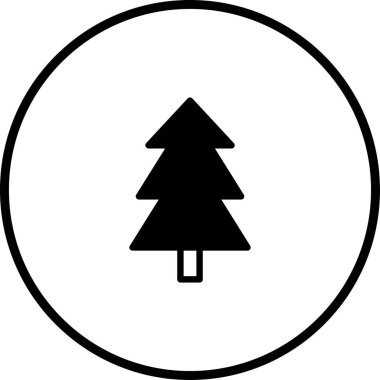 Siyah bir çam ağacı simgesi, siyah bir çerçeve içinde, beyaz bir zemin üzerinde, doğayı ve basitliği aktarıyor..