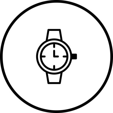 Çemberin içindeki bir kol saatinin minimalist bir çizimi, çeşitli tasarım amaçları için siyah ve beyaz, somutlaştırıcı stil ve işlevsellik içeriyor..