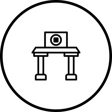 Bir minimalist vektör simgesi üzerinde bir ekran olan, temiz dairesel çerçeveli bir masayı betimliyor. Çalışma alanı veya ofis ortamlarını temsil etmek için mükemmel.