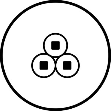 Zengin ve refahı sembolize eden cesur bir çember içinde merkezi olarak yerleştirilmiş üç eski Çin sikkesinin minimalist, monokrom çizimi..