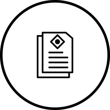 Dosya yönetimi veya verileri temsil eden, metin satırları ve bir çember içindeki elmas şekilli bir belge simgesinin minimalist tasarımı.
