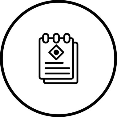 Basit bir siyah-beyaz vektör ikonu elmas sembollü bir not defteri gösterir. Web sitelerinde ve uygulamalarda kullanmak için ideal.