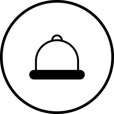 Bir yemek kubbesi ikonunun bir dairenin içindeki minimalist siyah ve beyaz vektör çizimi, genellikle restoran servisi, iyi yemek ve yemek sunumunda kullanılır..