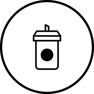 Tek kullanımlık bir bardaktaki, dairesel çerçeveye sarılı minimalist siyah beyaz bir içki ikonu. Markalaşma ya da grafik tasarımı için harika.