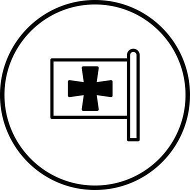 Daire içindeki bayraktaki siyah haç tıbbi yardım ve sağlık hizmetlerini sembolize ediyor. Logolar ve grafikler için basit bir tasarım ideal.