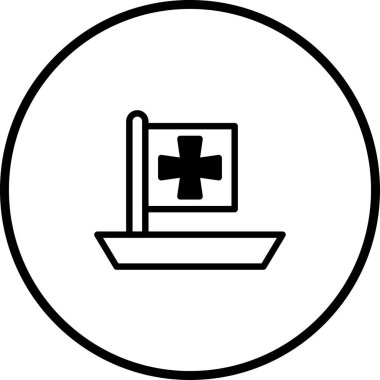 Basit bir vektör simgesi, sağlık hizmetlerine ulaşımı simgeleyen tıbbi haçla süslenmiş bir bayrak taşıyan bir tekne tasvir ediyor..