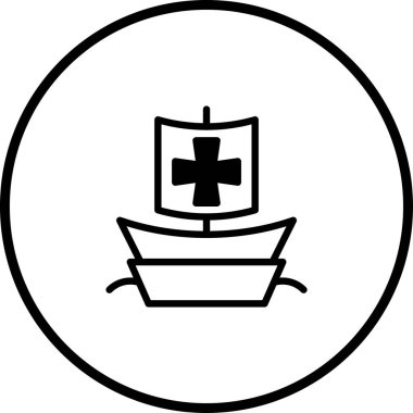 Denizcilik tarihini ve dini mirası sembolize eden haçlı bir yelkenli gemisinin çizimi. Seyahat ve keşif projeleri için uygundur..