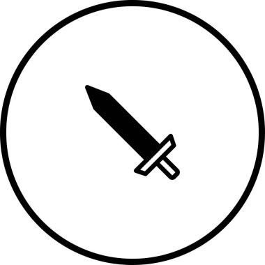 Çemberin içine sarılı bir kılıcın minimalist siyah ve beyaz simgesi basit ve zarif bir tasarımla savaş, güç ve güç kavramlarını temsil ediyor..