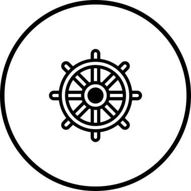 Bir geminin direksiyonunun dairesel çerçevedeki minimalist vektör ikonu. Denizcilik temaları, deniz taşımacılığı, seyahat ve yelkencilik maceraları için uygundur.