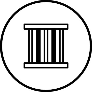 Çemberin içinde minimalist, soyut bir hapishane parmaklığı çizimi. Basit bir grafik tasarımı içinde hapsedilmenin ve hukuk sisteminin sembolü..