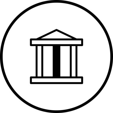 Bir minimalist vektör ikonu, bir hükümet kurumu veya tarihi tapınağı andıran, siyah beyaz bir daire içinde oluşturulmuş klasik bir bina tasvir eder..