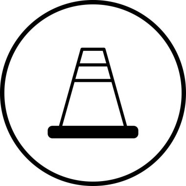 Bir dairenin içindeki trafik konisinin minimalist siyah beyaz simgesi, güvenlik, ihtiyat ve uyarıyı temsil ediyor. Çeşitli tasarım projeleri için ideal.