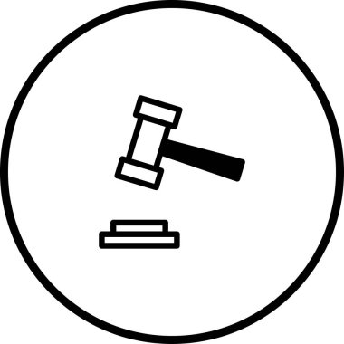 Hukuk mahkemesindeki adalet, hukuk sistemi ve karar verme süreçlerini sembolize eden bir tokmağın ses engeline çarpmasının minimalist bir çizimi..