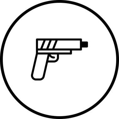 Bu, siyah bir çemberin içinde beyaz bir arkaplanda siyah bir tabancanın basit ve temiz bir simgesi..