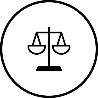 Bir dairenin içindeki adalet terazisinin minimalist siyah ve beyaz görüntüsü, profesyonel bir tasarımda hukuk, adalet ve adalet iletmek için idealdir..