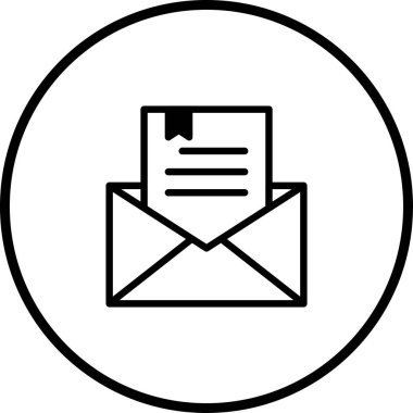 Bir minimalist simge içinde bir belge bulunan açık bir zarf gösterir, dijital iletişim ve mesaj iletimini temsil eden bir daire içinde..